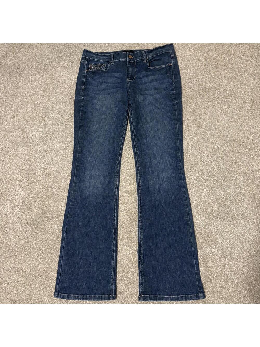 WHBM Womens Noir Low Rise Bootcut Jeans Size 8R Blue Denim Jeweled Beaded Y2K